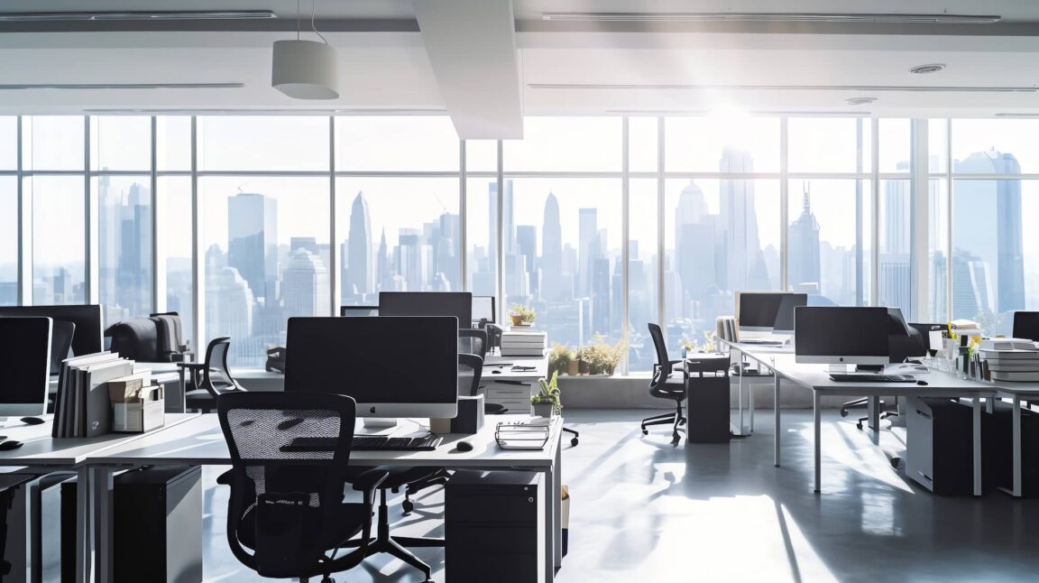 Modern office with large windows and city view