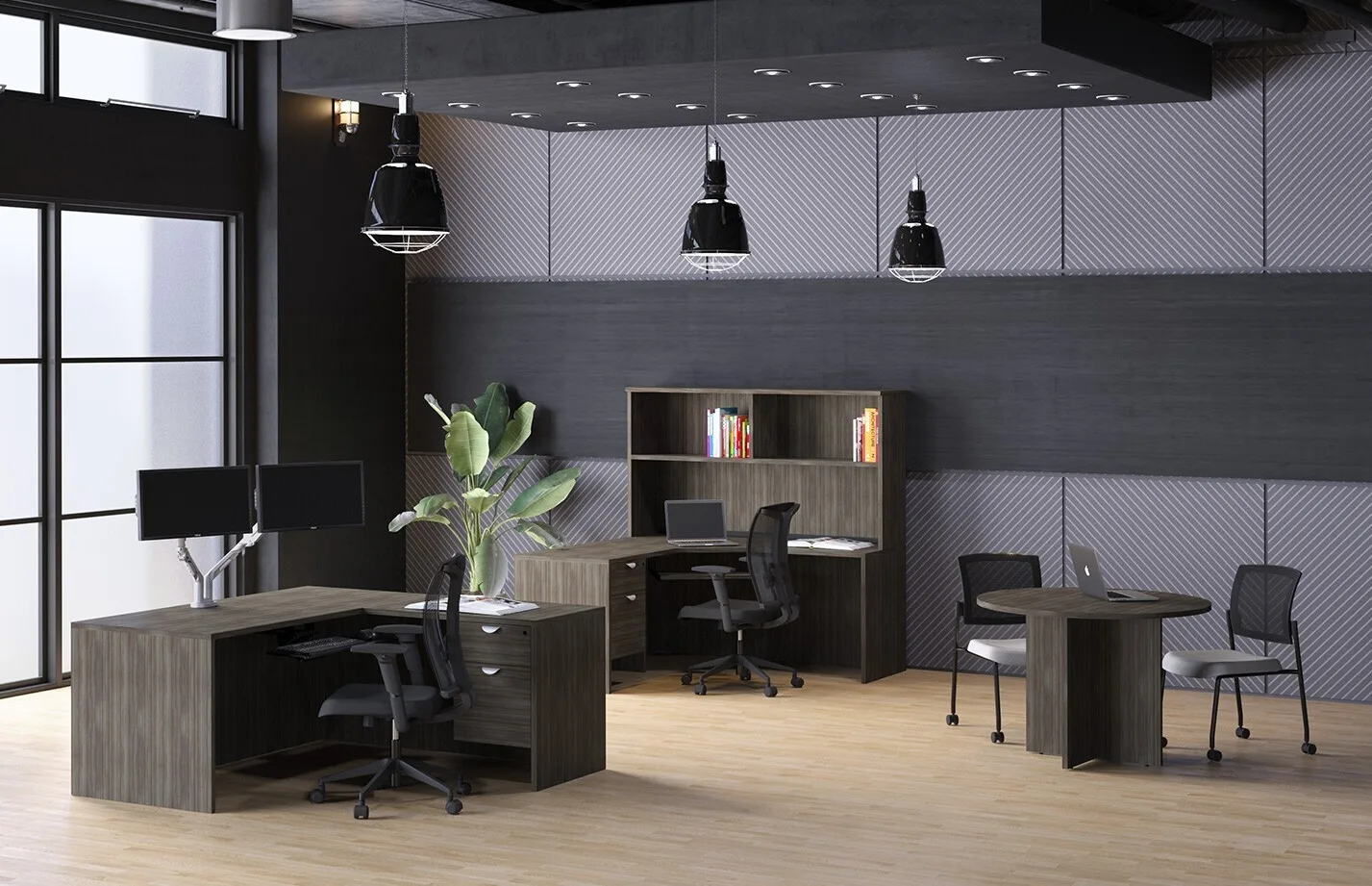Open concept office filled with office furniture.