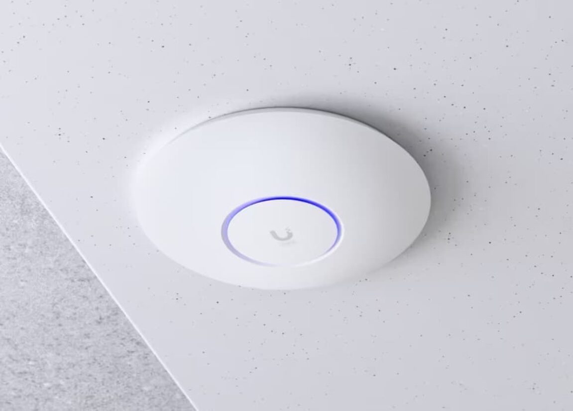 Ubiquiti WiFi access point mounted on ceiling